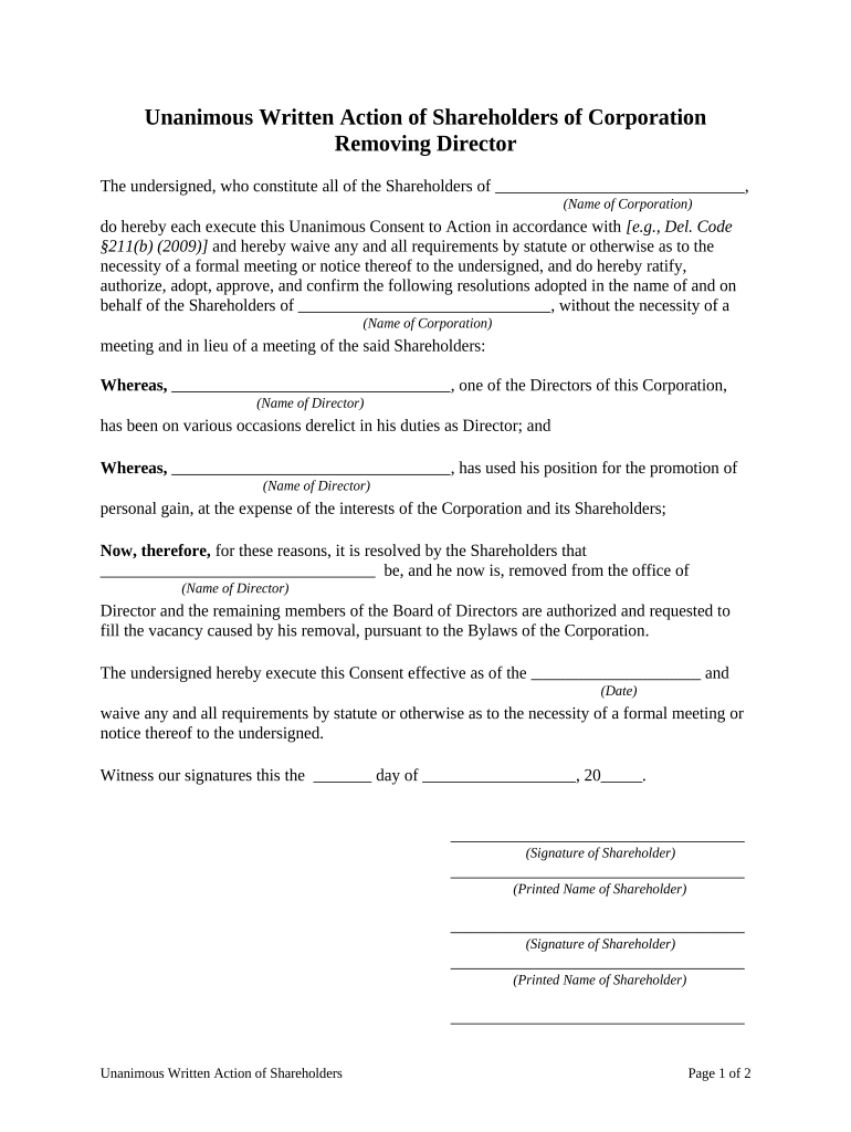 Shareholders Removing  Form