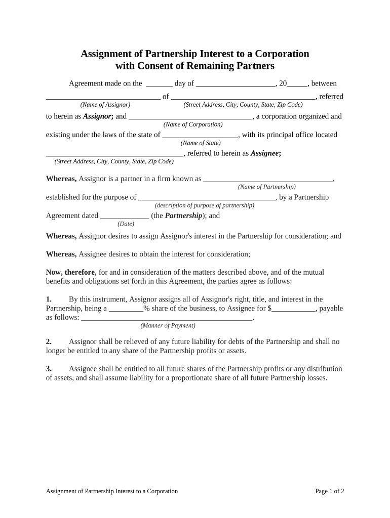 Assignment of Partnership Interest to a Corporation with Consent of Remaining Partners  Form