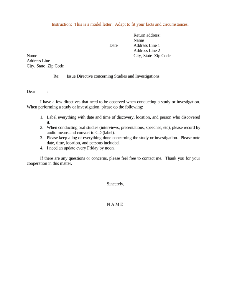 Sample Letter for Directive Studies and Investigations  Form
