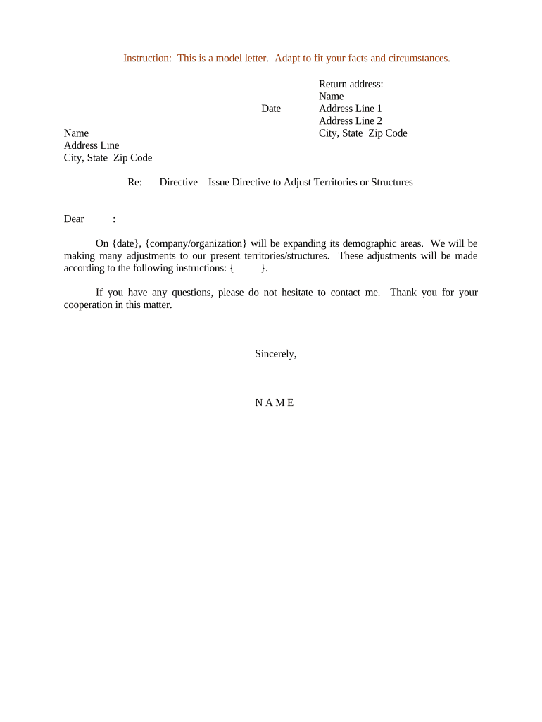 Sample Letter for Directive Adjusting Territories or Structures  Form