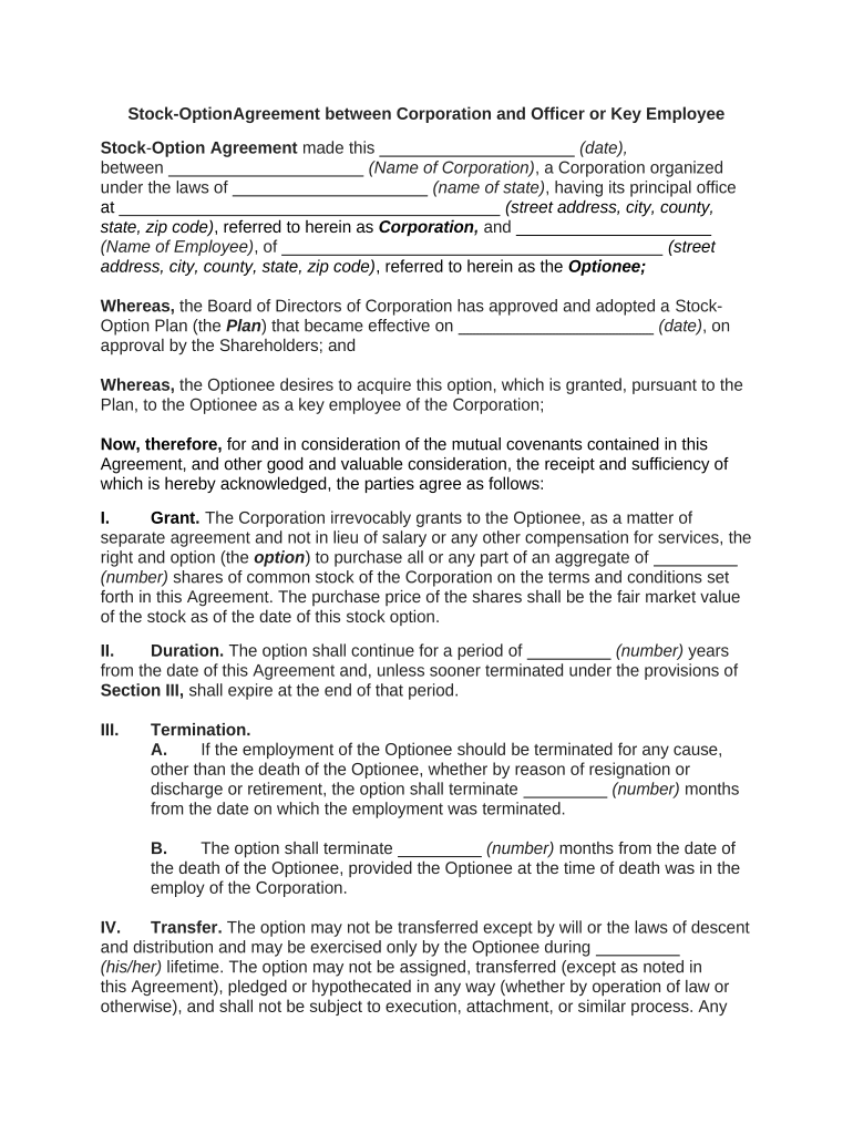 Stock Option Agreement  Form