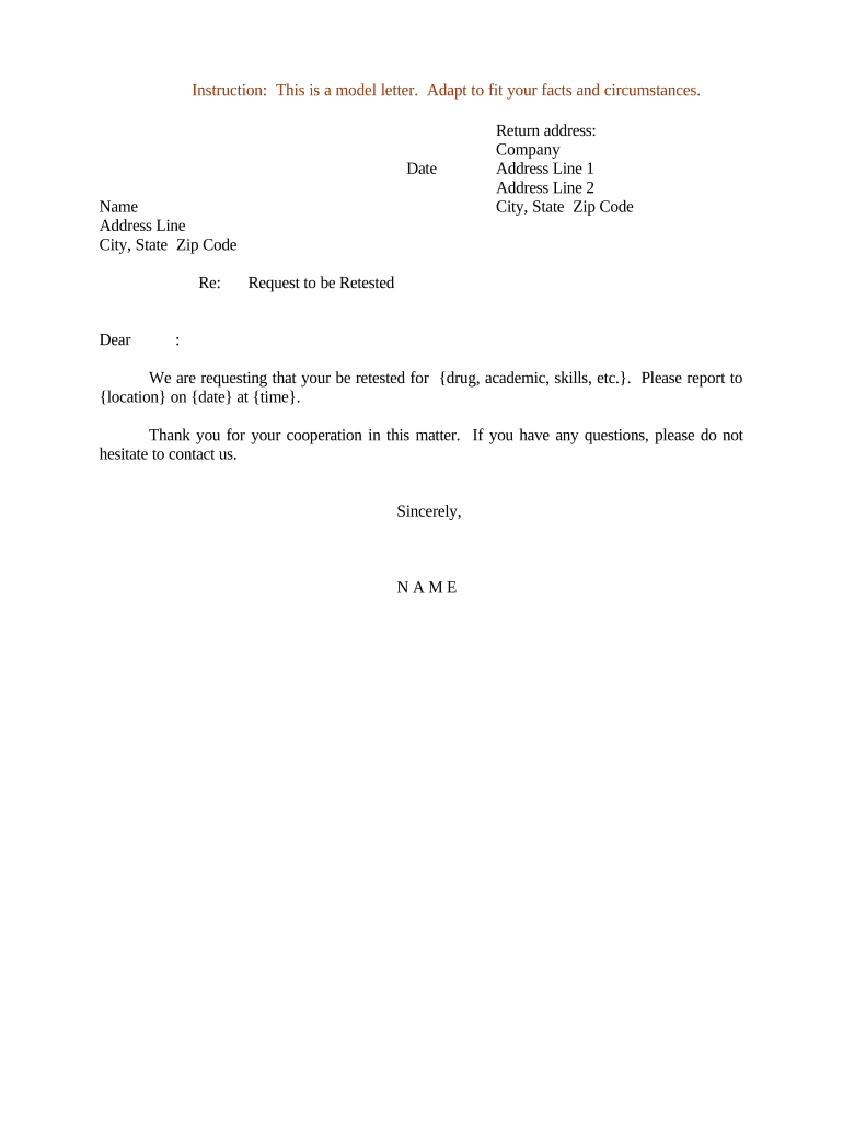 Sample Letter for Request to Be Retested  Form