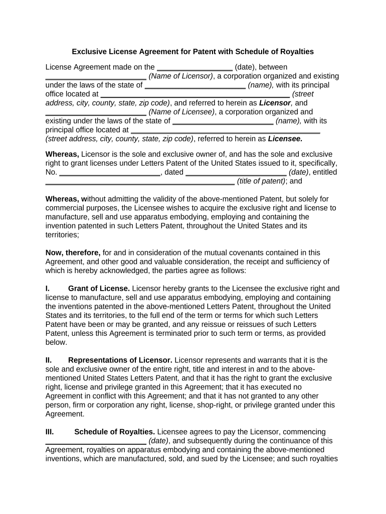 Exclusive License Agreement for Patent with Schedule of Royalties  Form