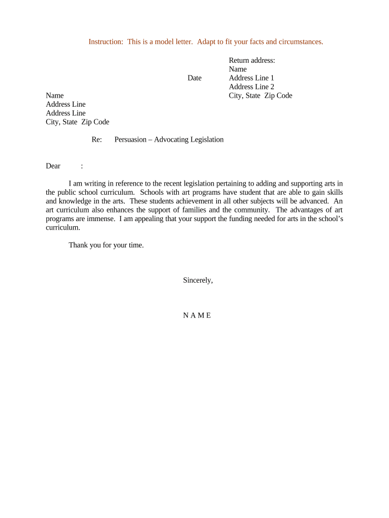 Sample Letter for Advocation of Legislation  Form