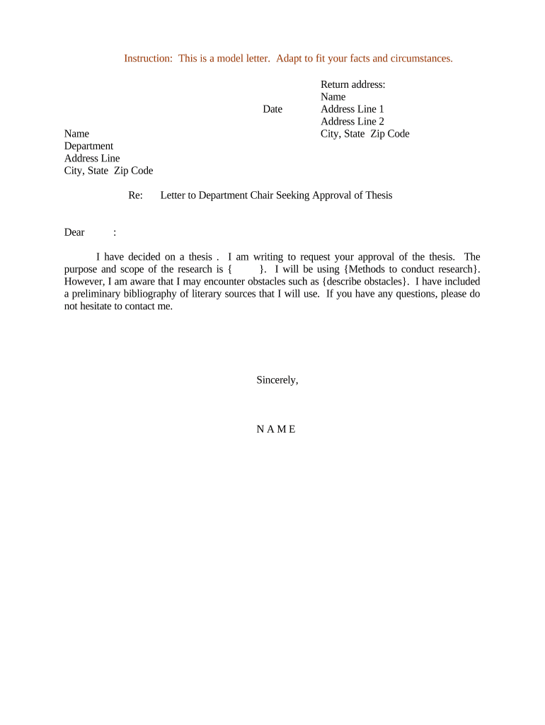 Sample Letter for Letter to Department Chair Seeking Approval of Thesis  Form