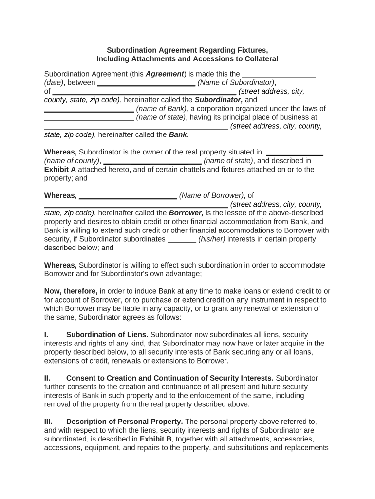 Subordination Agreement Regarding Fixtures  Form