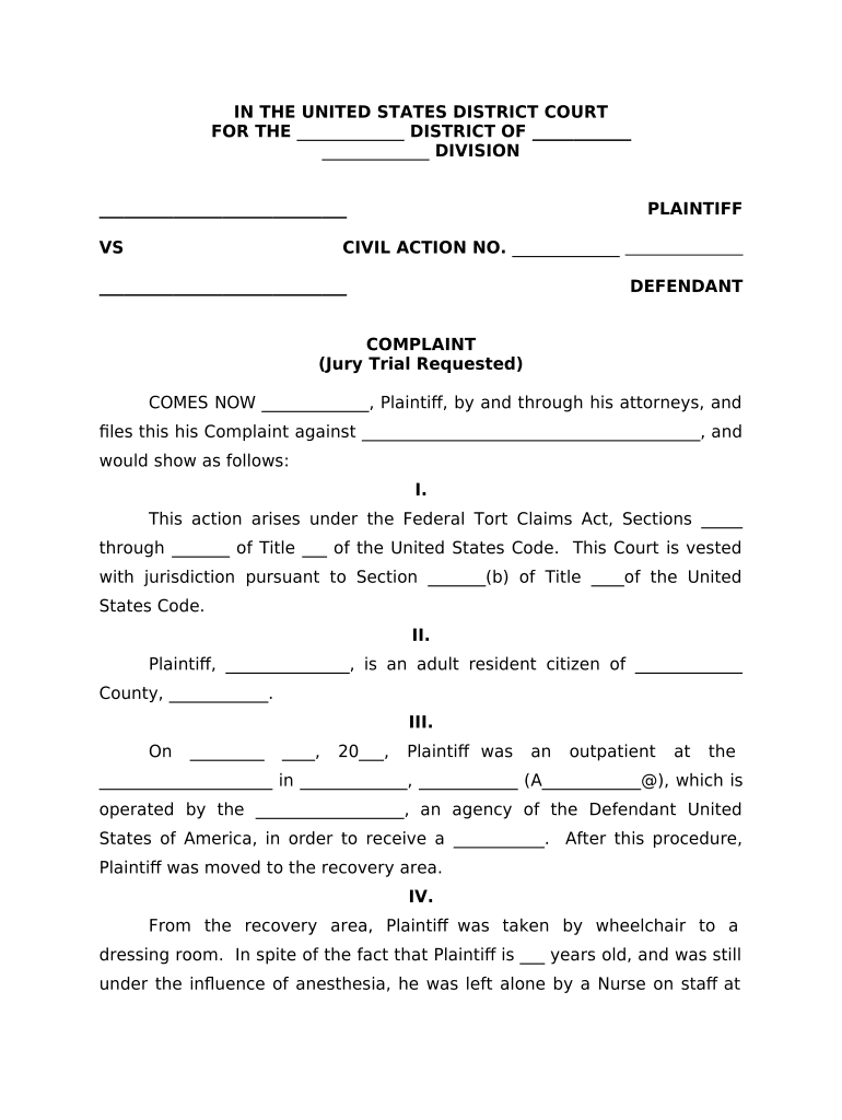 Complaint in Federal Court for Preventable Fall at Hospital  Form