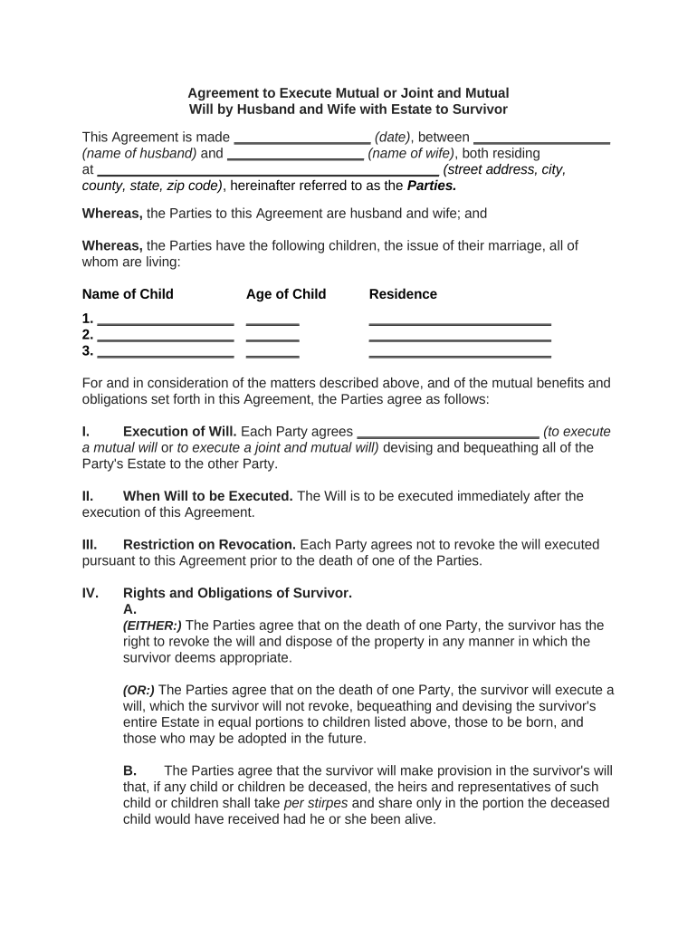 Agreement to Execute Mutual or Joint and Mutual Will by Husband and Wife with Estate to Survivor  Form