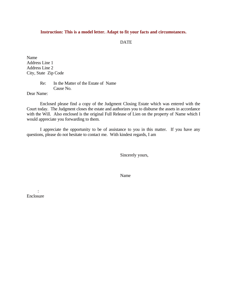 Letter Regarding Closing  Form