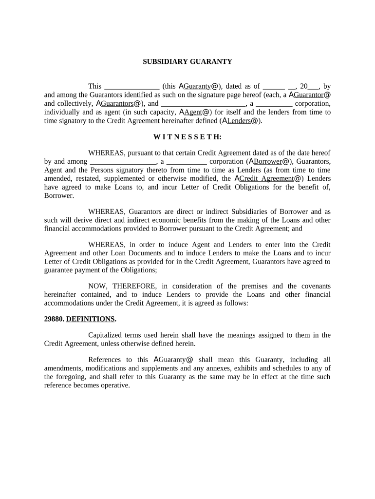 Subsidiary Guaranty Agreement  Form