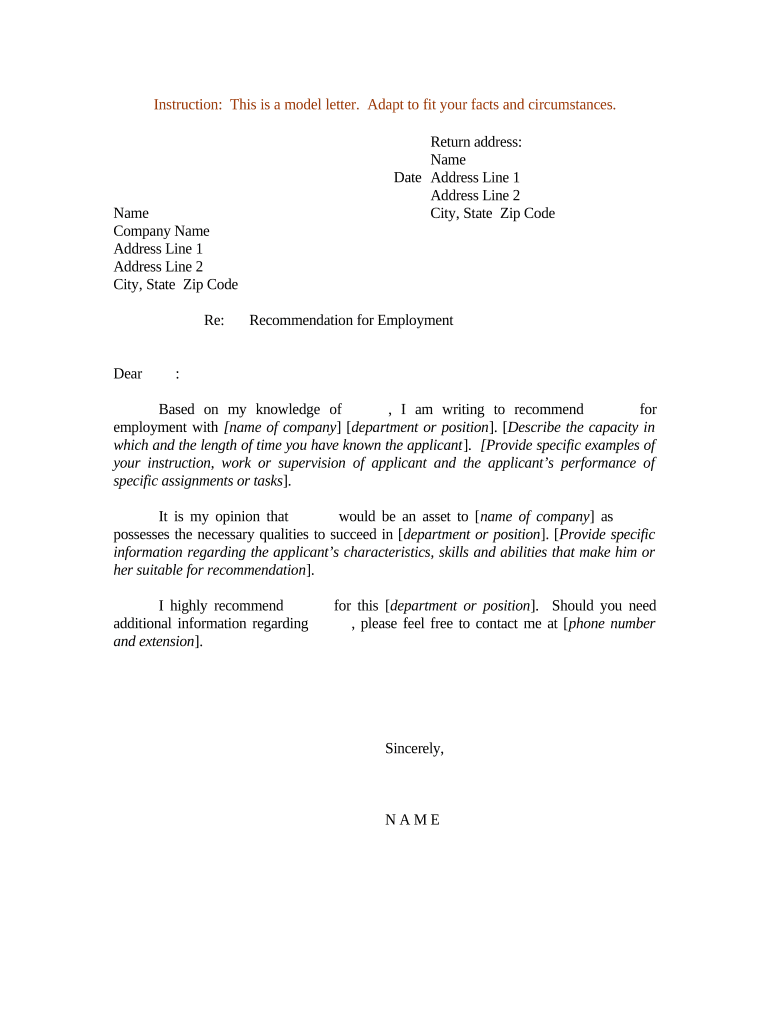 Recommendation Letter Employment  Form