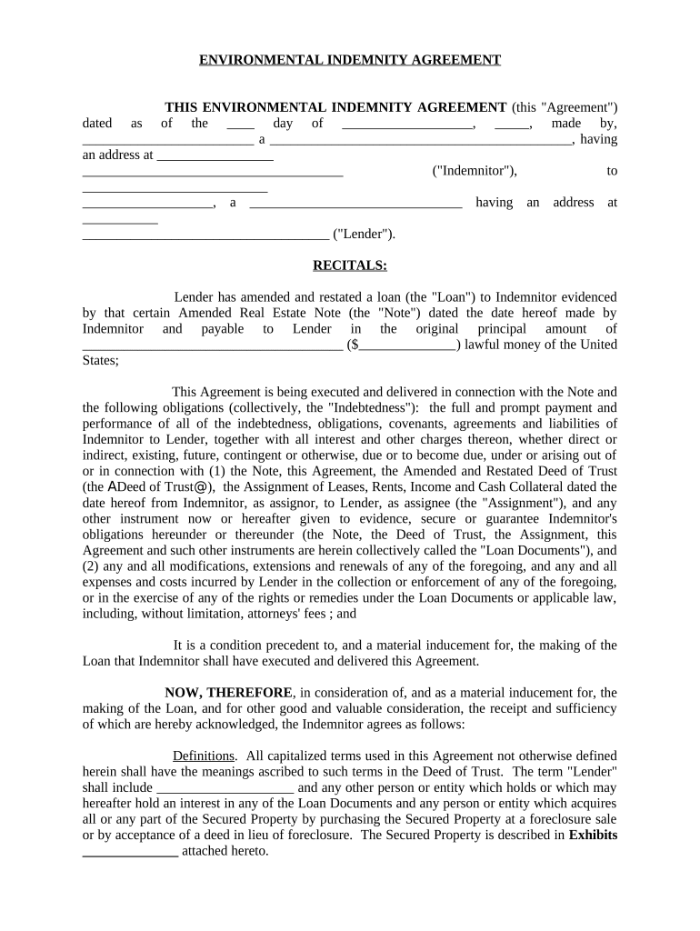 Environmental Indemnity Agreement Form