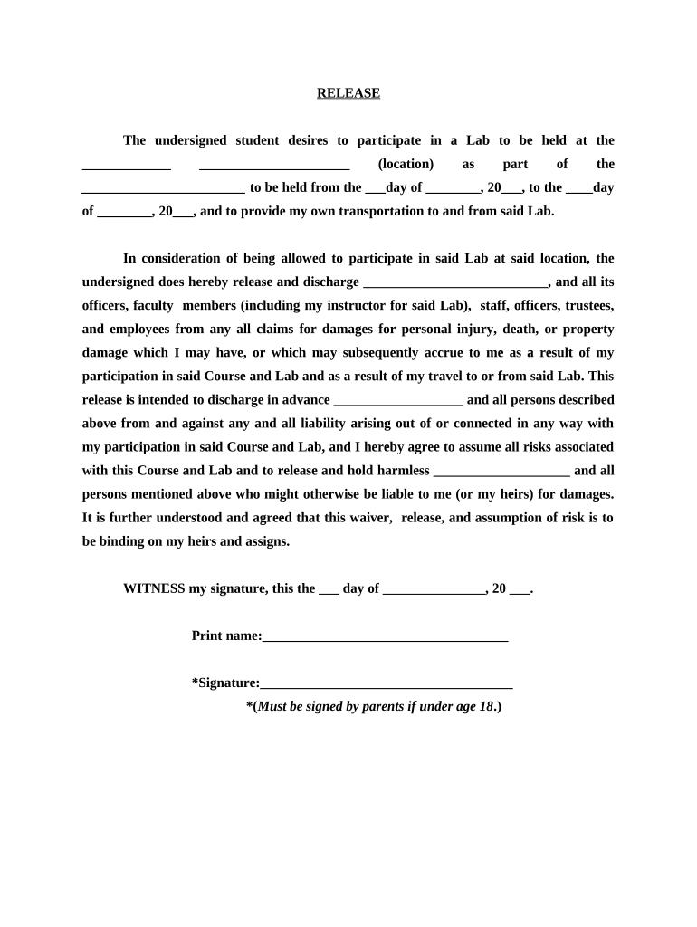 Release Regarding Laboratory Activities  Form