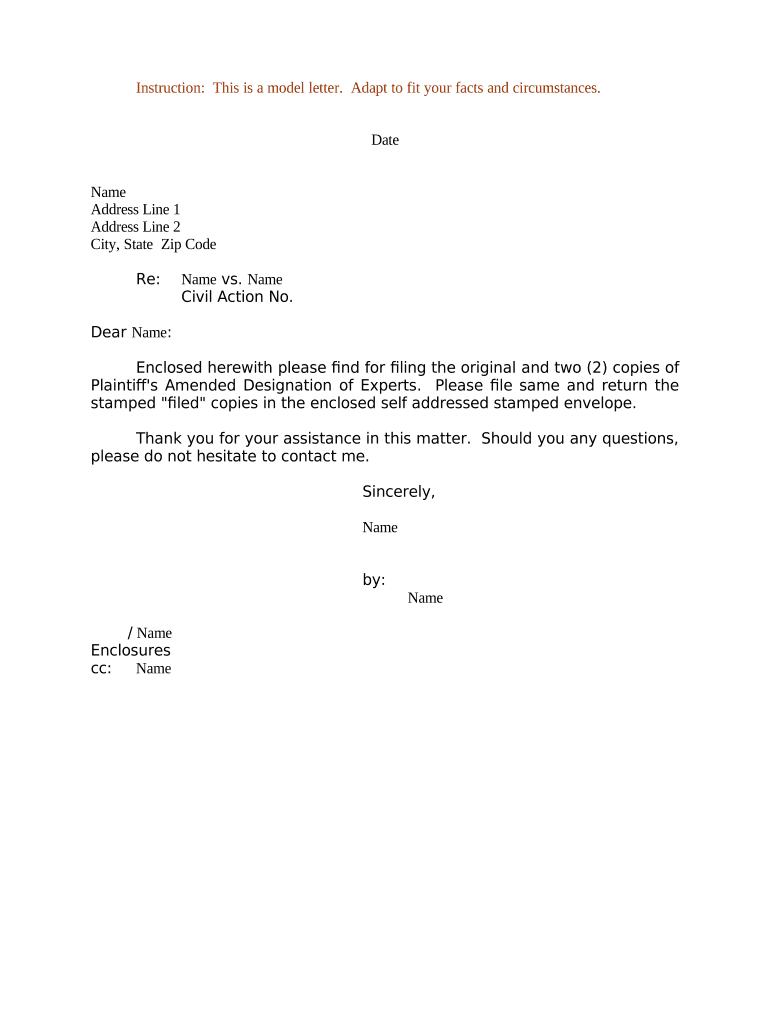 Sample Letter Regarding Plaintiff's Amended Designation of Experts  Form