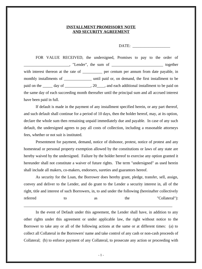 Security Agreement for Promissory Note  Form