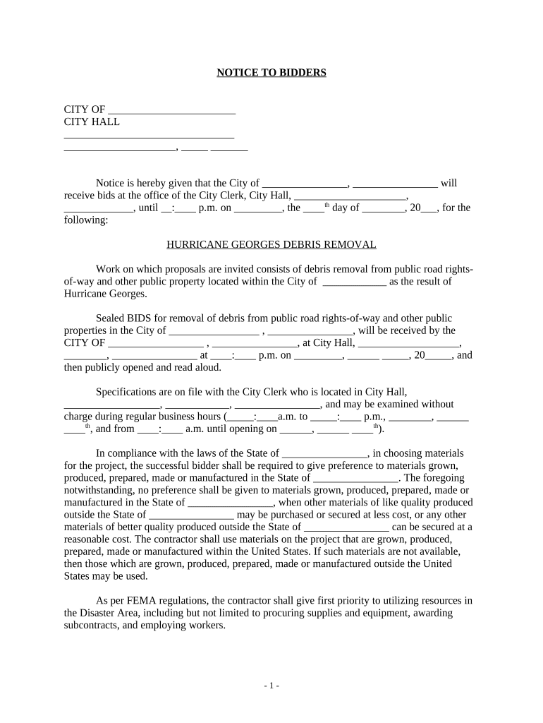 Notice to Bidders for Hurricane Cleanup  Form