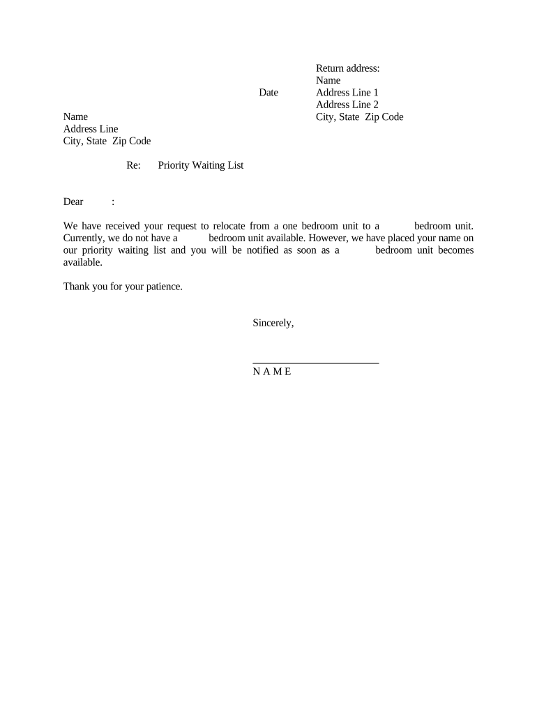 Letter Notification to Renter of Placement on Priority Waiting List  Form