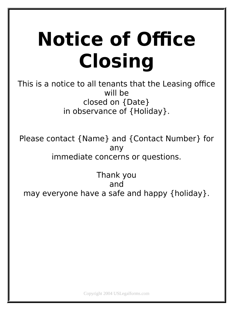 Notice Leasing Office Closing for Holiday  Form