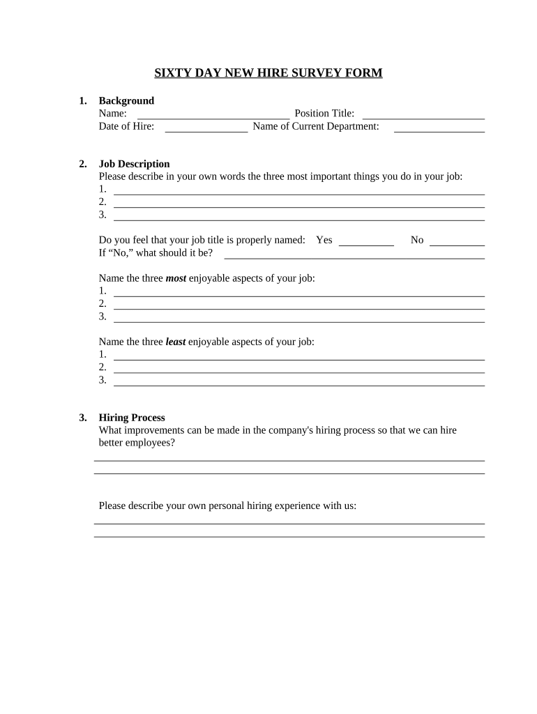 Sixty Day New Hire Survey  Form