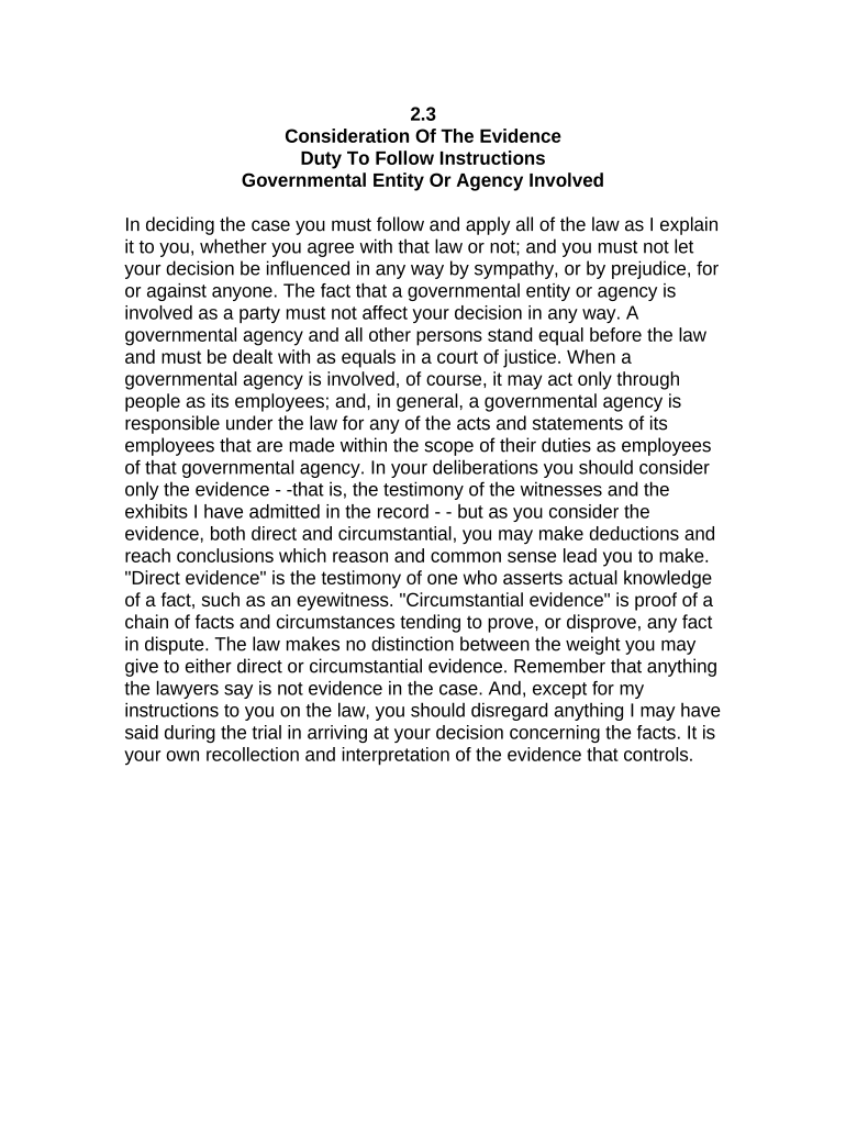 Jury Instruction 2 3 Consideration of the Evidence Duty to Follow Instructions Governmental Entity or Agency Involved  Form