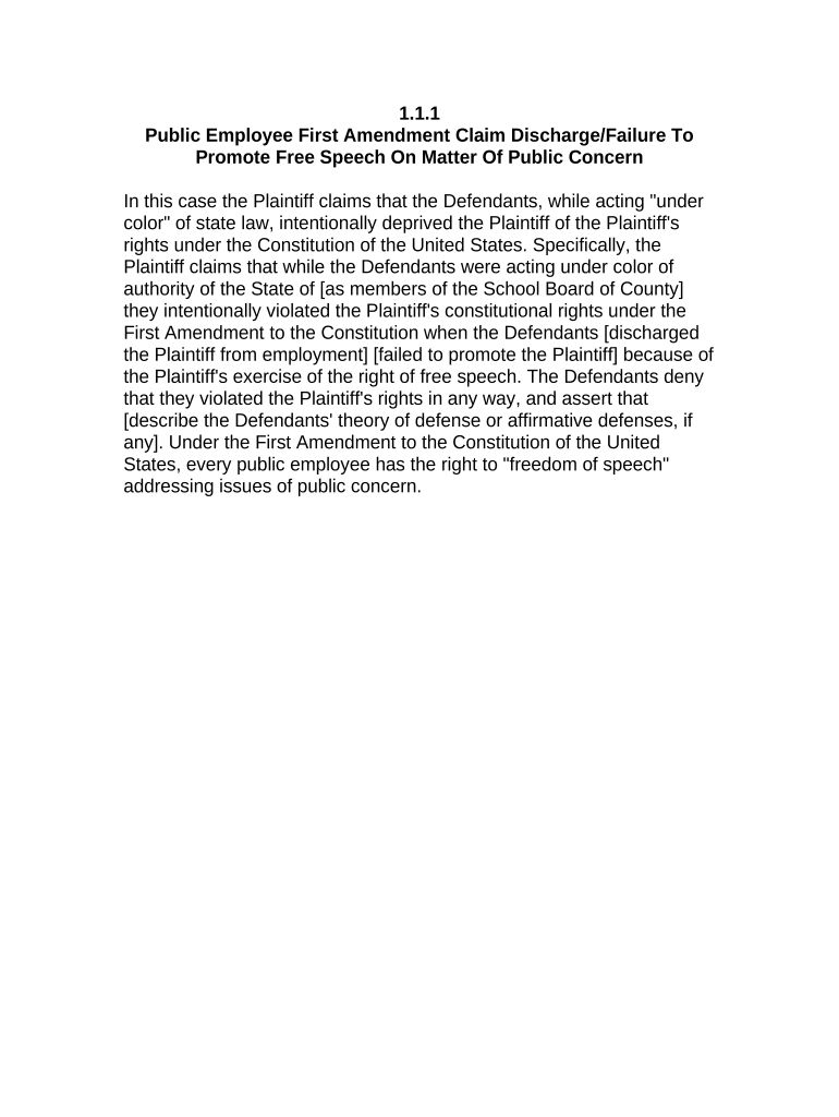 Fill and Sign the Jury Instruction 111 Public Employee First Amendment Claim Discharge Failure to Promote Free Speech on Matter of Public Concern Form