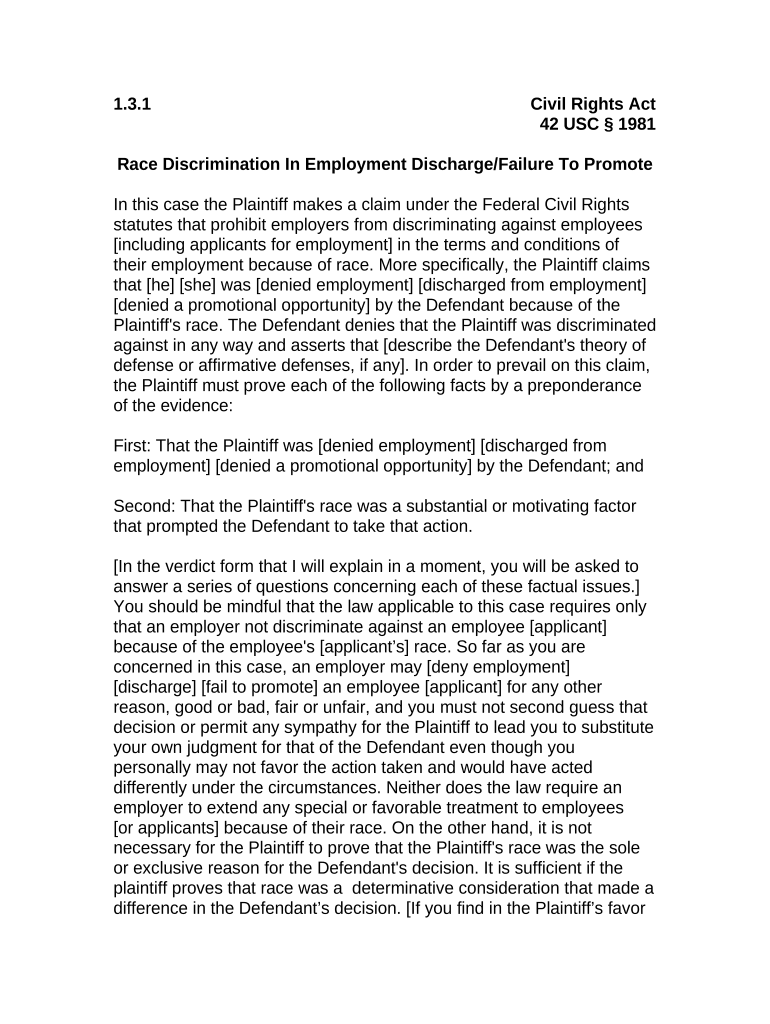 Jury Instruction 1 3 1 Civil Rights Act 42 USC Sect 1981 Race Discrimination in Employment Discharge Failure to Promote General   Form