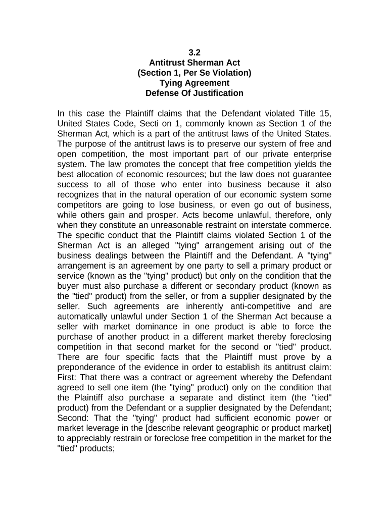 Fill and Sign the Jury Instruction 332 Section 1 Per Se Violation Tying Agreement Defense of Justification Form