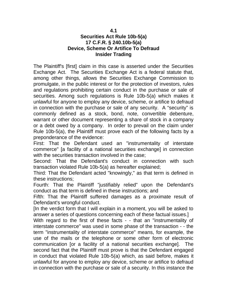 Jury Instruction 4 4 1 Rule 10b 5a Device, Scheme or Artifice to Defraud Insider Trading  Form