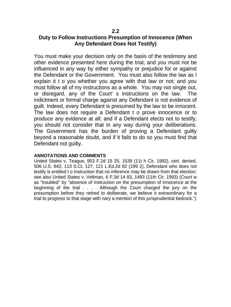 Jury Instruction Duty to Follow Instructions, Etc When Any Defendant Does Not Testify  Form