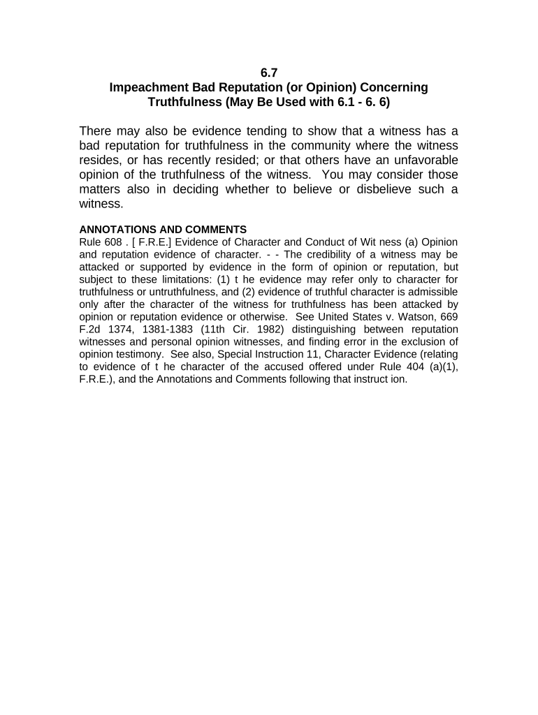 Jury Instruction Impeachment Bad Reputation or Opinion Concerning Truthfulness May Be Used with 6 1 6 6  Form