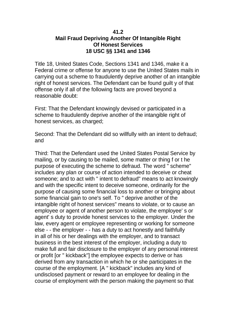 Jury Instruction Mail Fraud Depriving Another of Intangible Right of Honest Services  Form