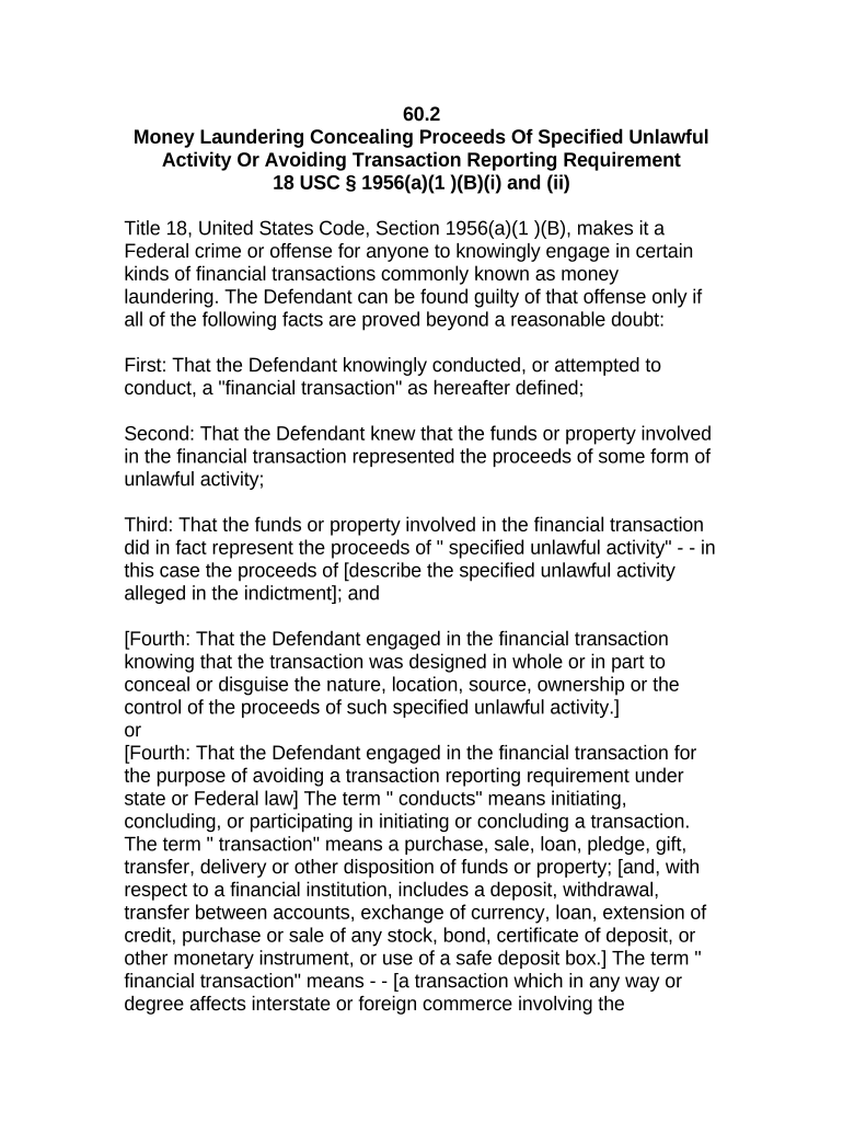 Jury Instruction Concealing Proceeds of Specified Unlawful Activity or Avoiding Transaction Reporting Requirement  Form