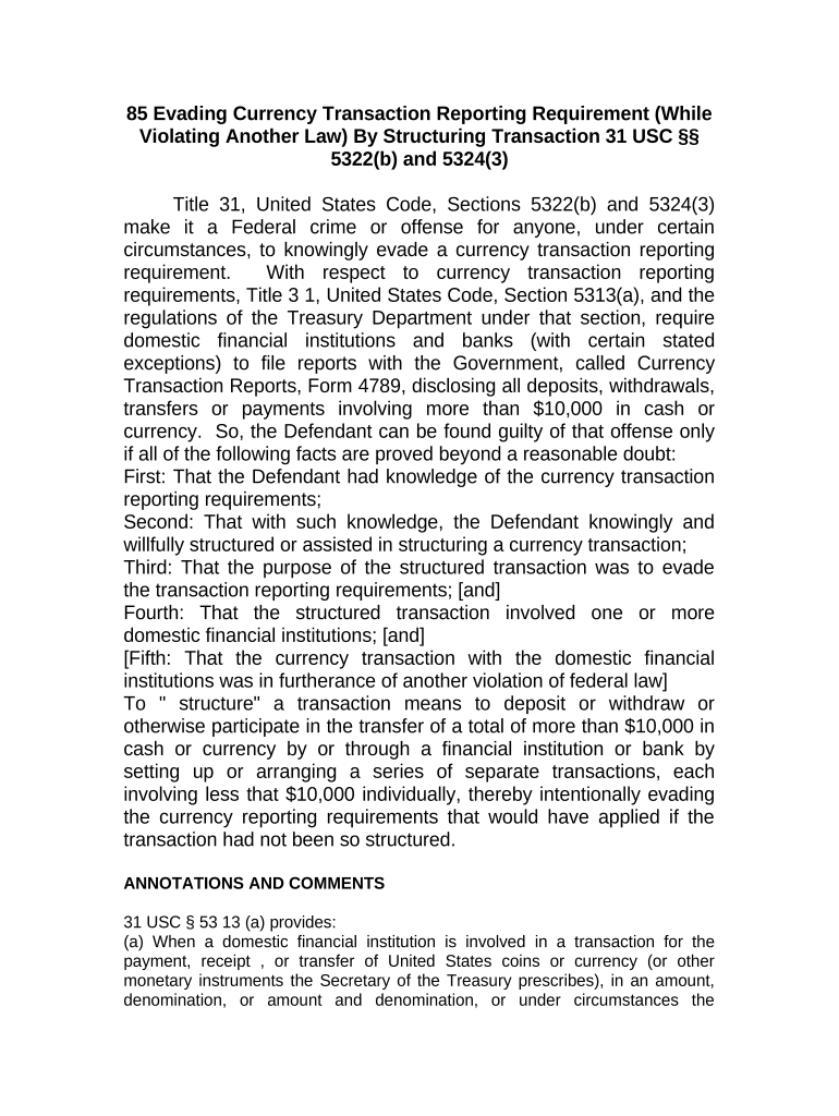 Jury Instruction Evading Currency Transaction Reporting Requirement While Violating Another Law by Structuring Transaction  Form