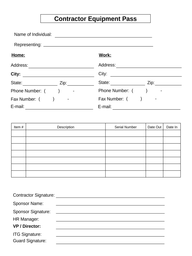 Contractor Equipment Pass  Form