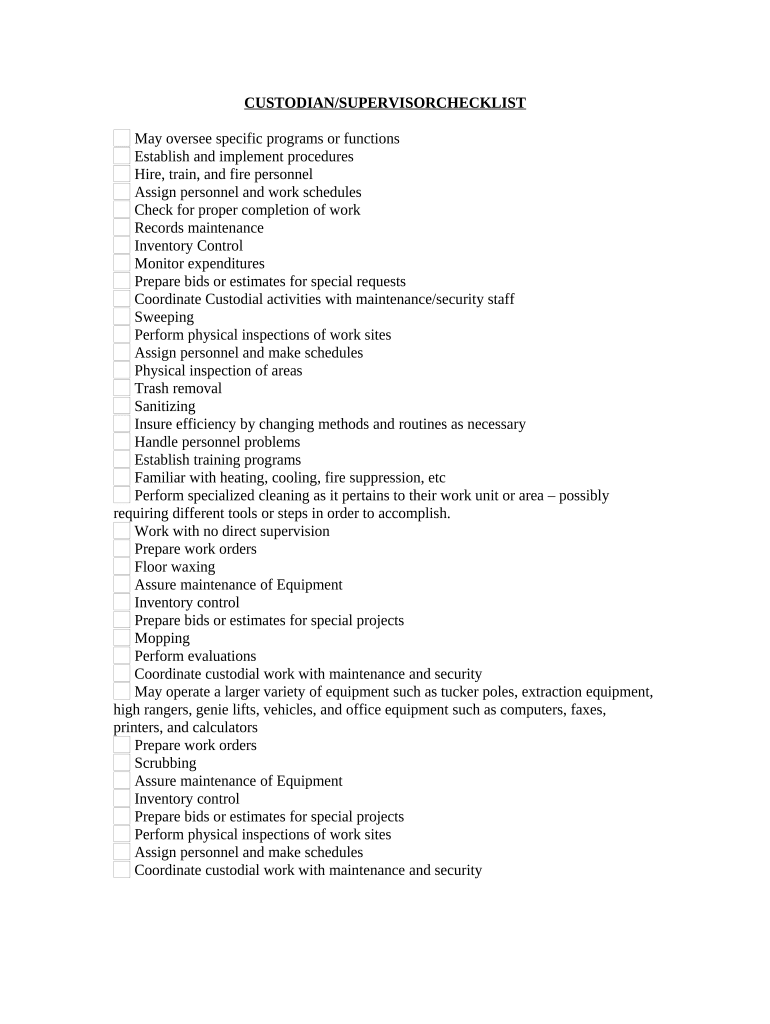 Custodian Supervisor Checklist  Form