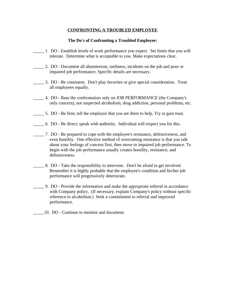 Confronting a Troubled Employee Checklist  Form