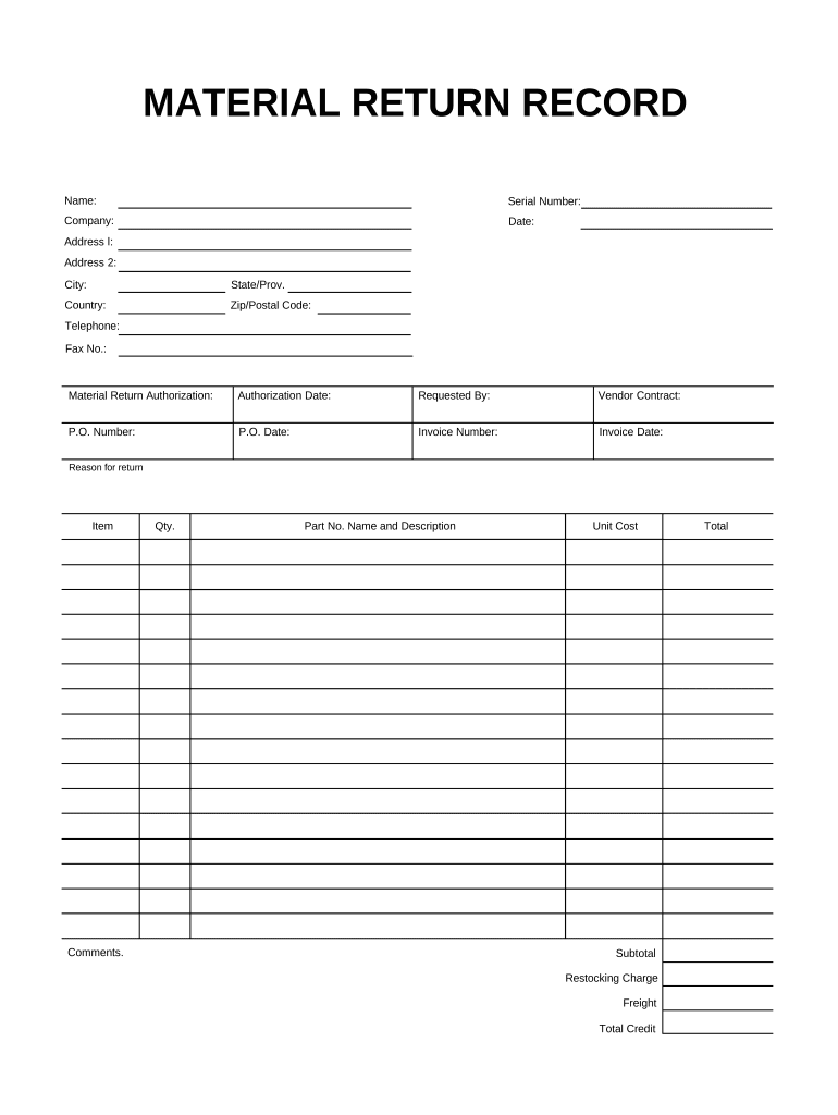 Material Return Record  Form