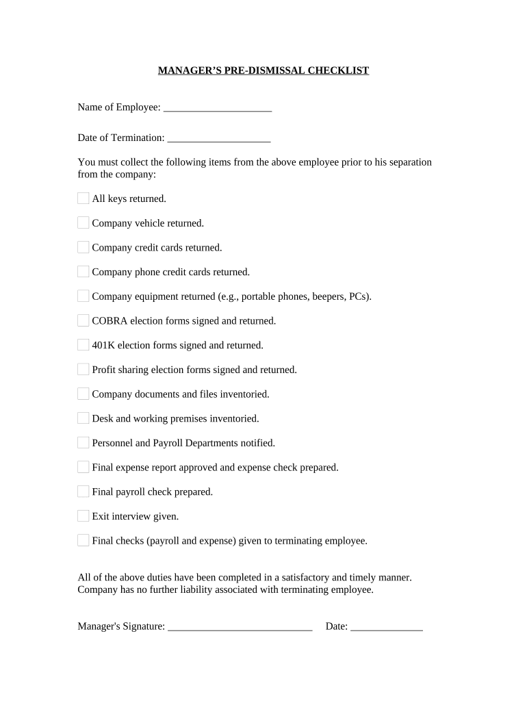 Manager's Pre Dismissal Checklist  Form