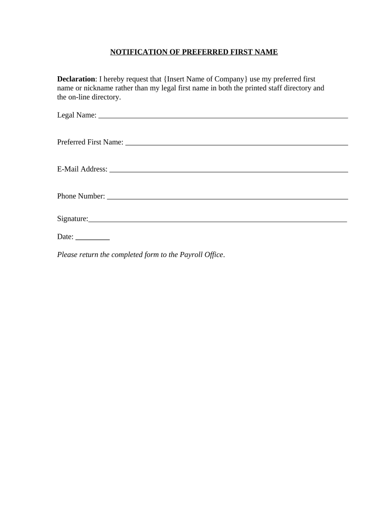 Notification of Preferred First Name  Form