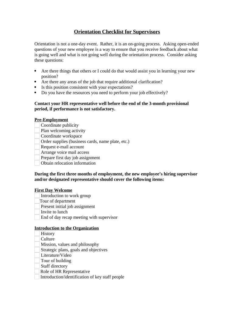 Orientation Checklist for Supervisors  Form