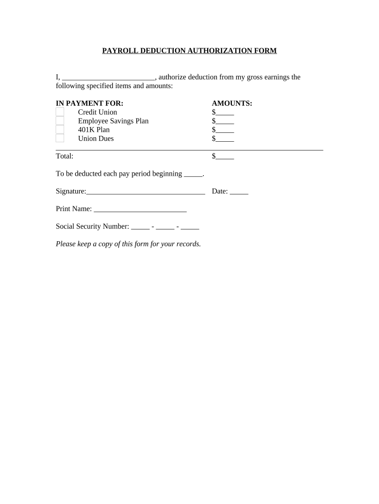 Payroll Deduction Authorization Form