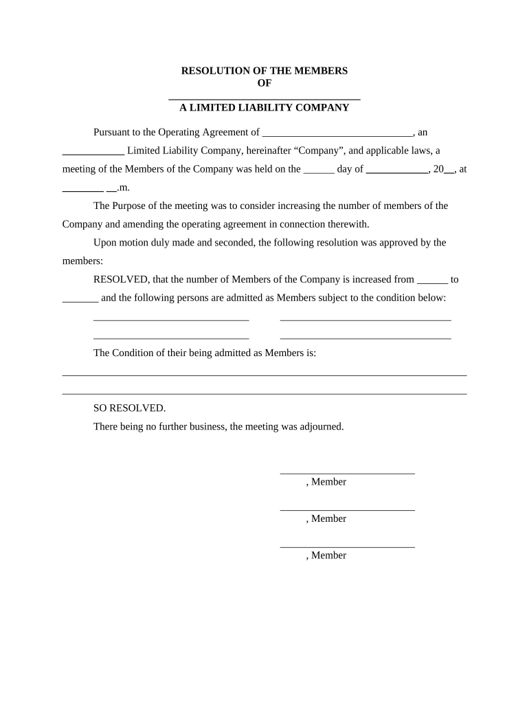 Resolution of Meeting of LLC Members to Increase the Number of Members and Specify the Conditions of Membership  Form