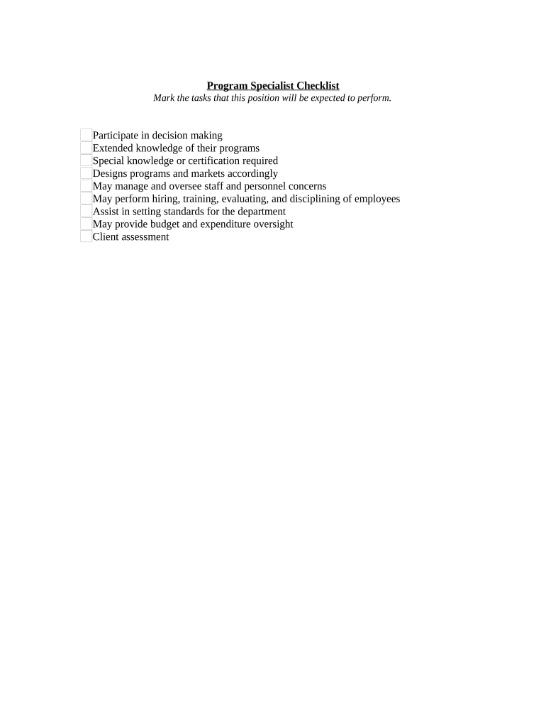 Program Specialist Checklist  Form