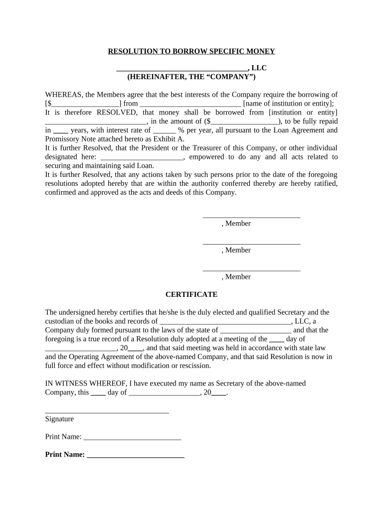 Resolution Borrow Money  Form