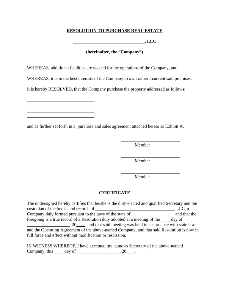 Resolution of Meeting of LLC Members to Purchase Real Estate  Form