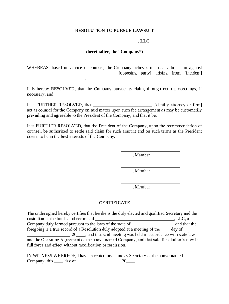 Resolution Lawsuit  Form