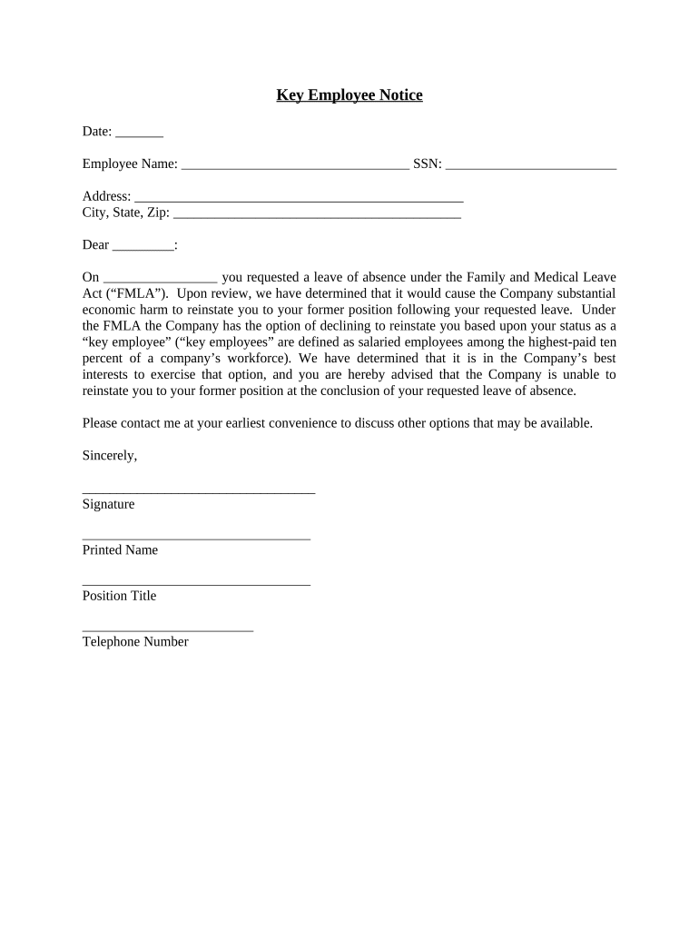 Key Employee Notice  Form