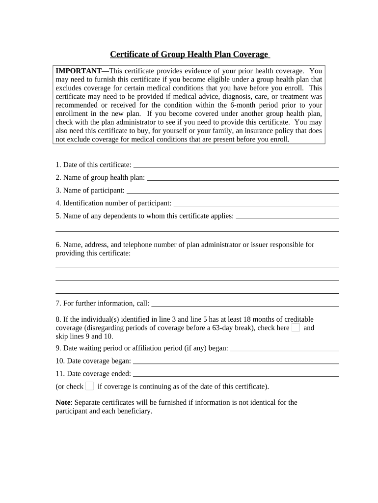 Certificate Group Health  Form