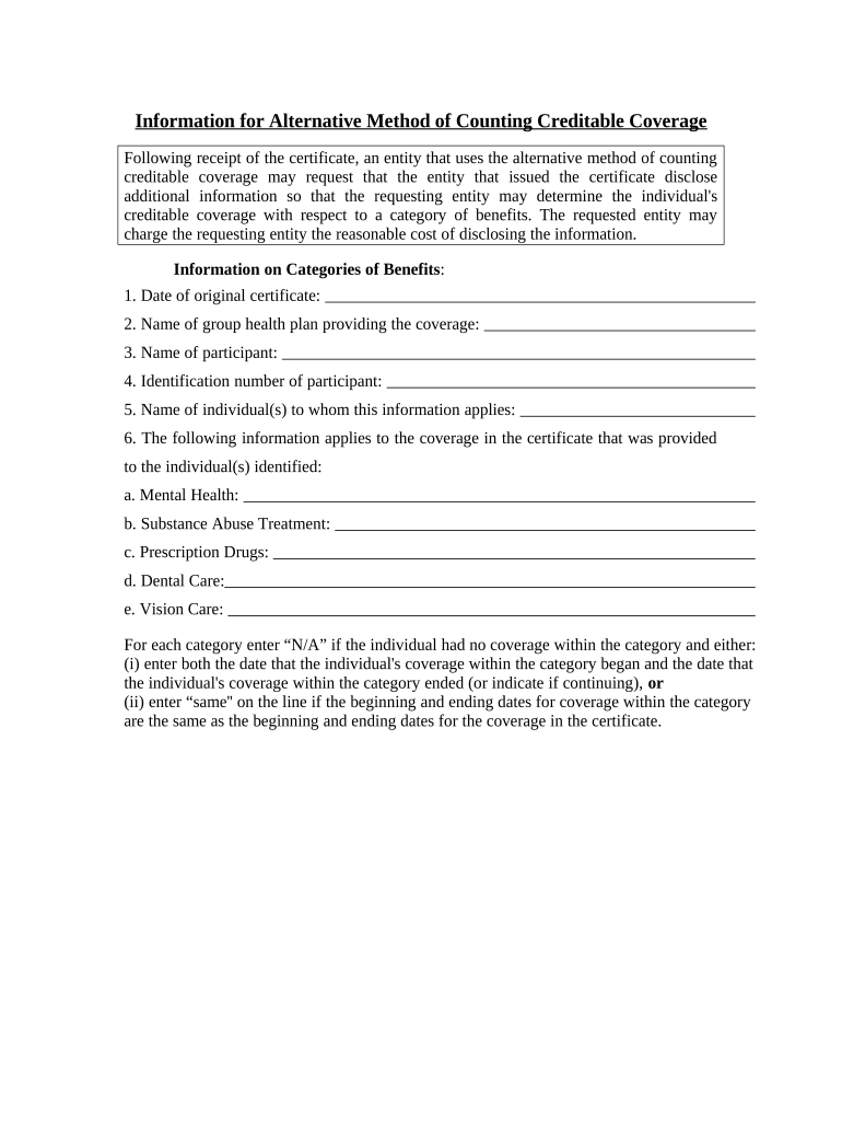 Information for Alternative Method of Counting Creditable Coverage