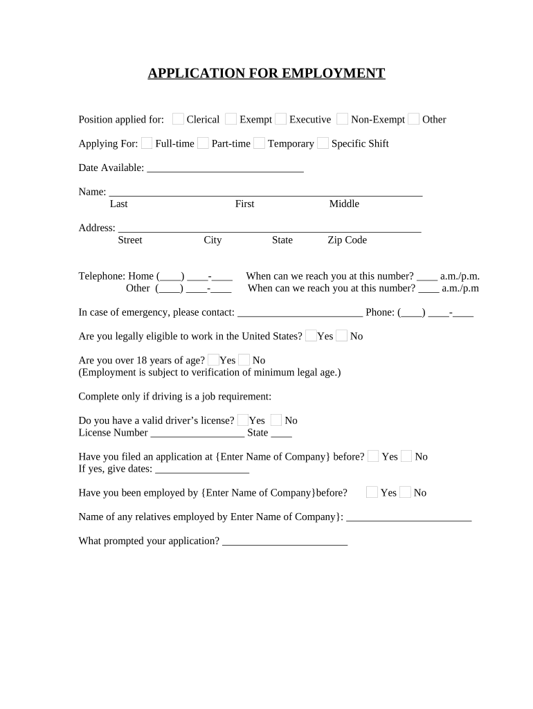 Application for Work or Employment Clerical, Exempt, Executive, or Nonexempt Position  Form